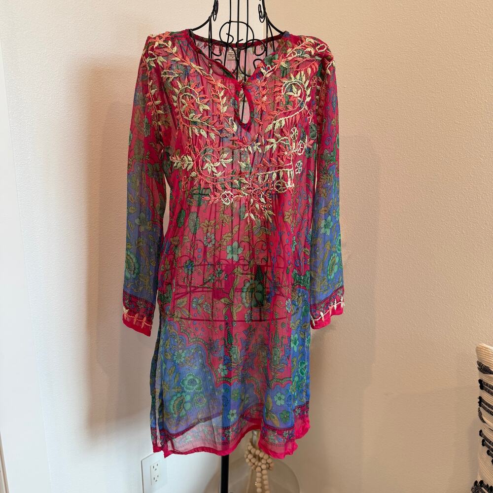 Raj Silk Embroidered Floral Sheer Long Sleeve Tunic Top Small